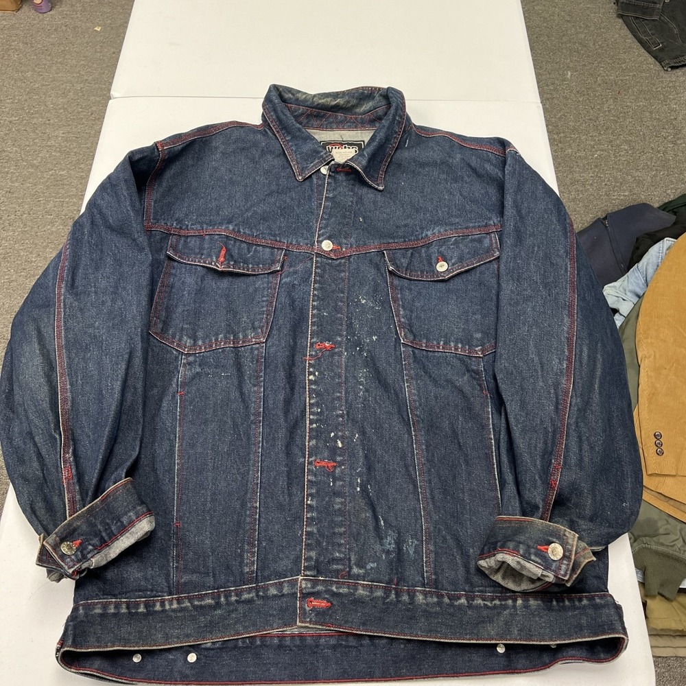 Webs Denim Trucker Jacket Mens 3XL Blue Red Contrast Stitch Distressed Paint D1